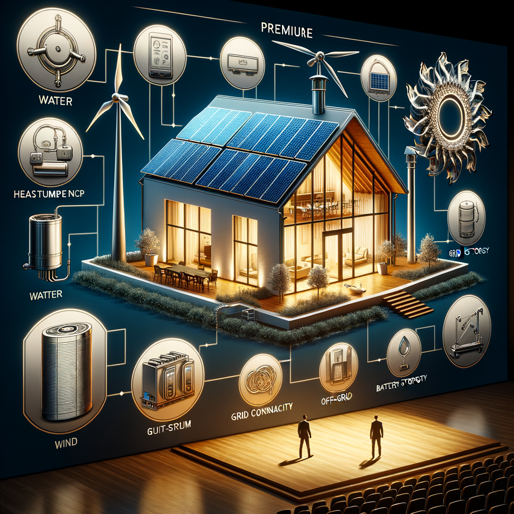 make luxury realistic energy hub with name Solpulsen on a big projector screen with expensive icon like: heat pump, wind turbine, battery storage, solar panels, heatpump, water, grid , off grid