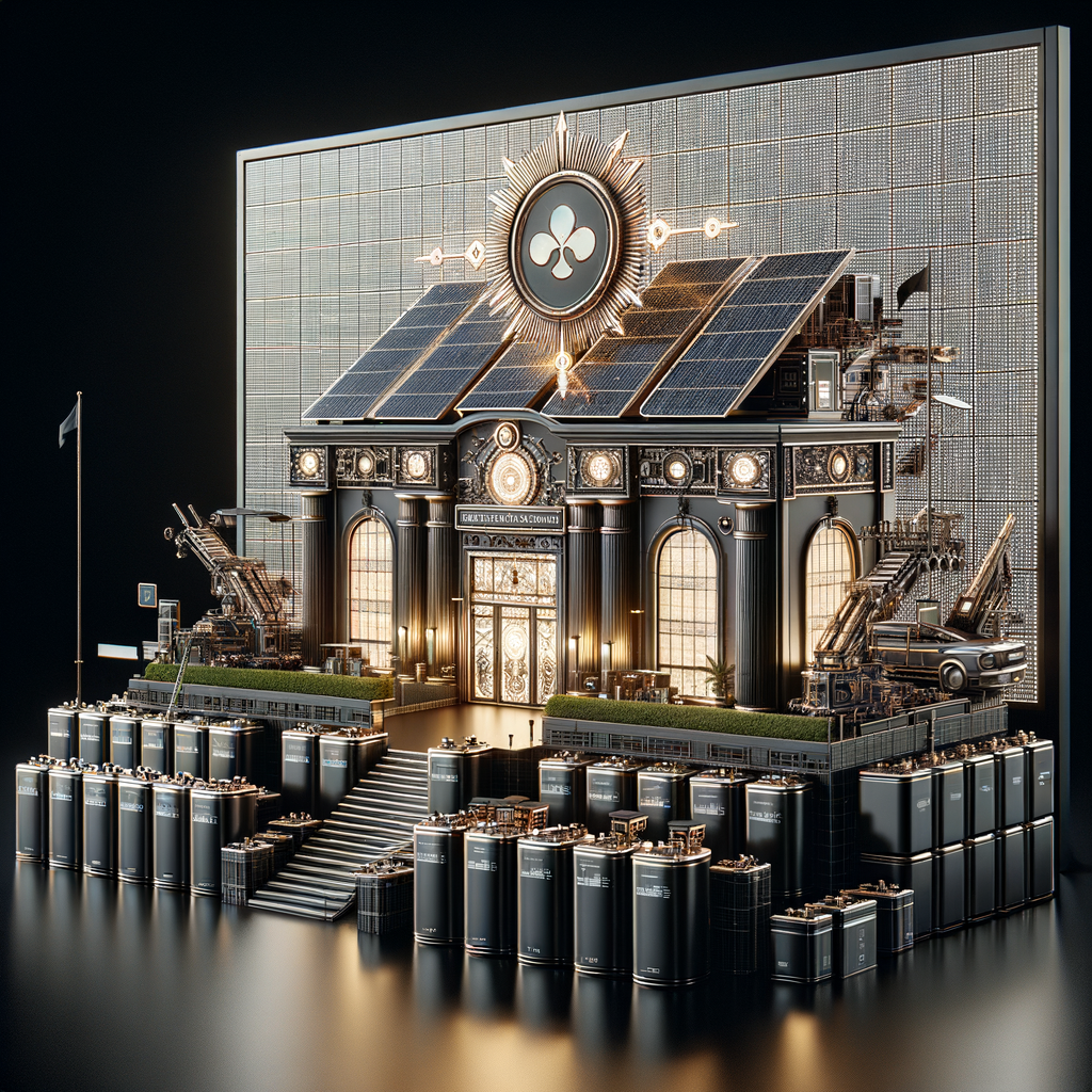 make luxury realistic energy hub with name Solpulsen on a big projector screen with expensive icon and integrated solarpanels with batteries in black colors