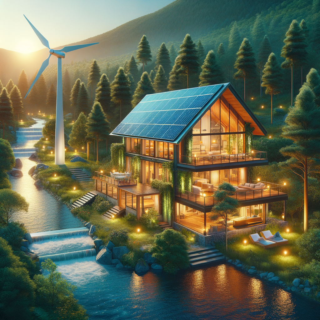 MAKE A REALISTIC PICTURE THATS LOOK LIKE A REAL HOUSE WITH INTEGRATED SOLAR ROOF, VERTICAL WIND TURBINE AND WATER, FOREST OFF-GRID LUXURY HOUSE