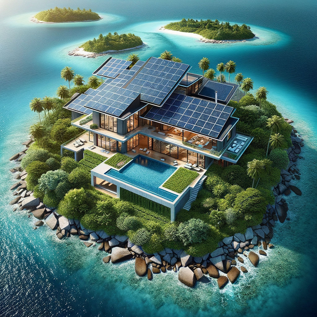 A realistic picture on a high quality solar roof with integratade solar panels, thats mean solar roof so the roof is the solar . Make a luxury house on a big exslusive island