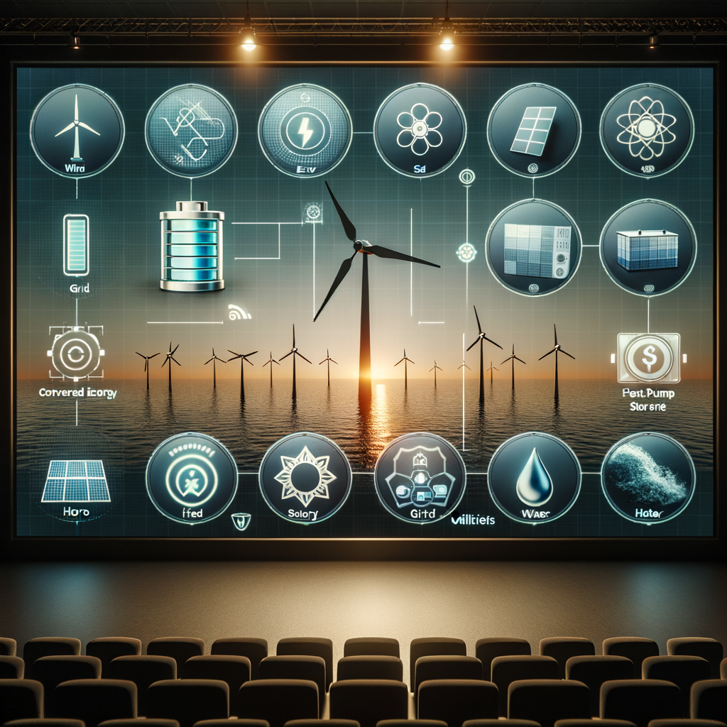 make realstic energy monitoring system with name Solpulsen on a big projector screen with design luxury icon like: wind turbine, battery storage, solar panels, heatpump, water, grid , off grid